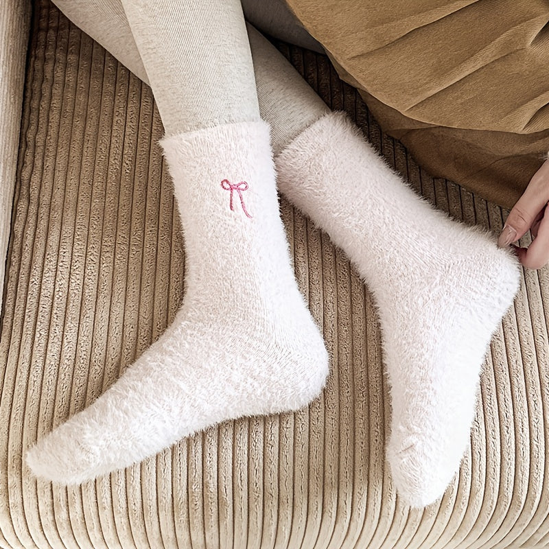 5pcs Women's Cozy Pink Bowknot Plush Socks - /MH