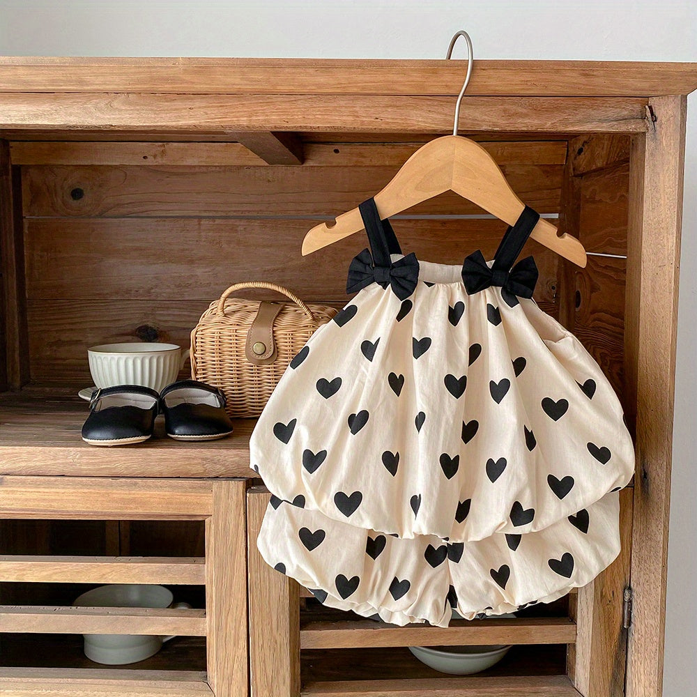 Baby Cotton Sleeveless Bowknot Decor Cami Top+Apricot Love Print Shorts 2pcs Set For Toddler Girls