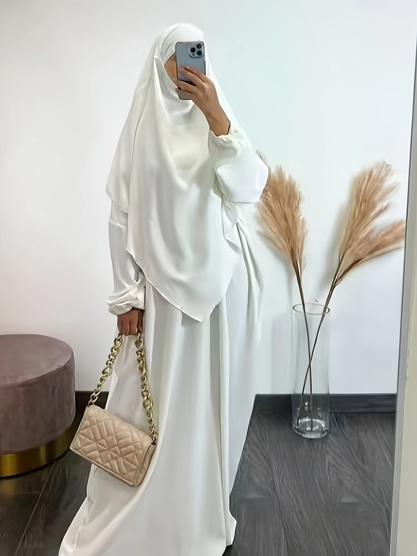 Solid Color Simple Modest Dress, Elegant Long Sleeve Maxi Dress With Hijab, /MH