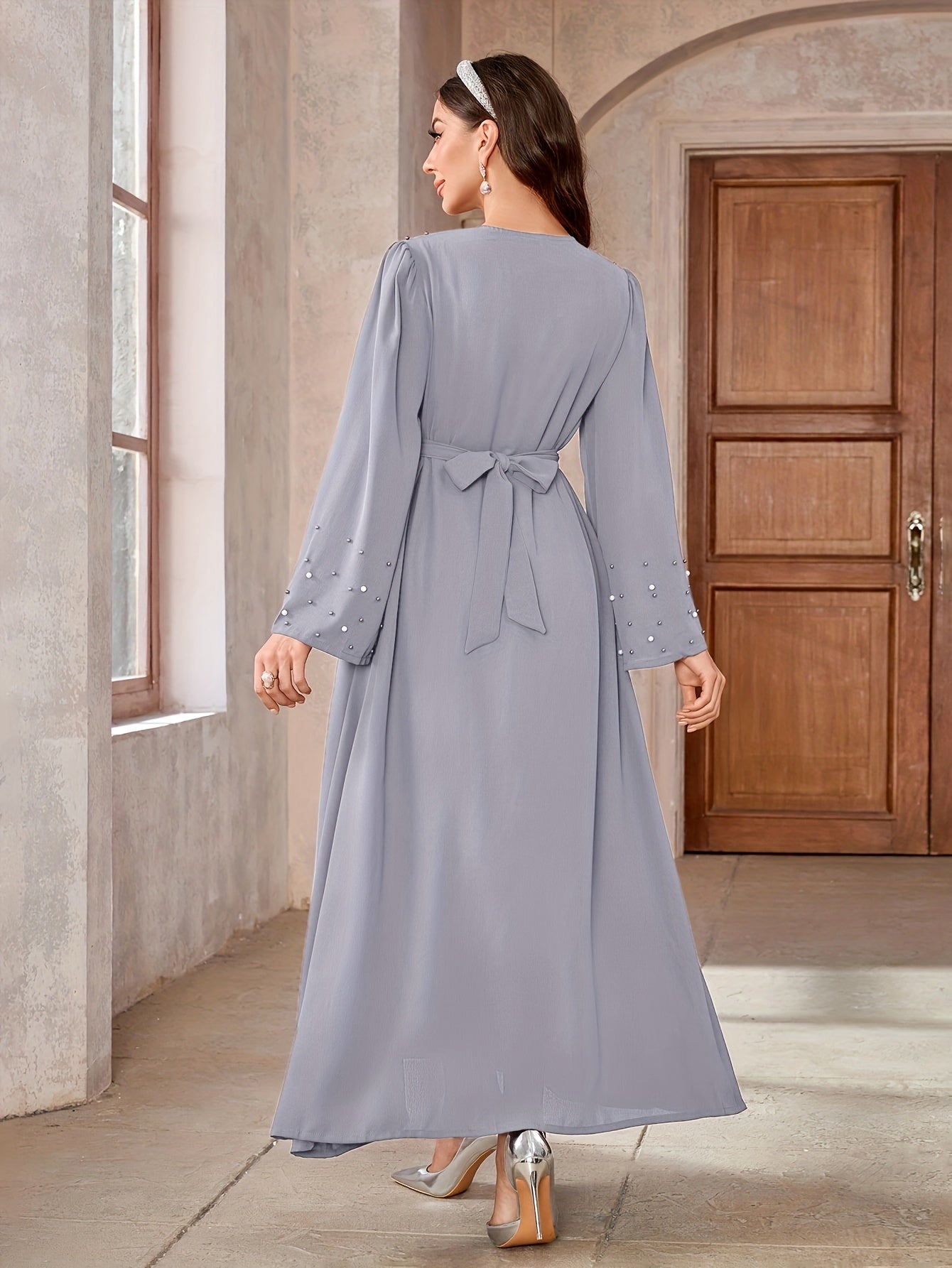 Elegant Navy Blue Abaya with Pearl Embellishments and Belt -/MH