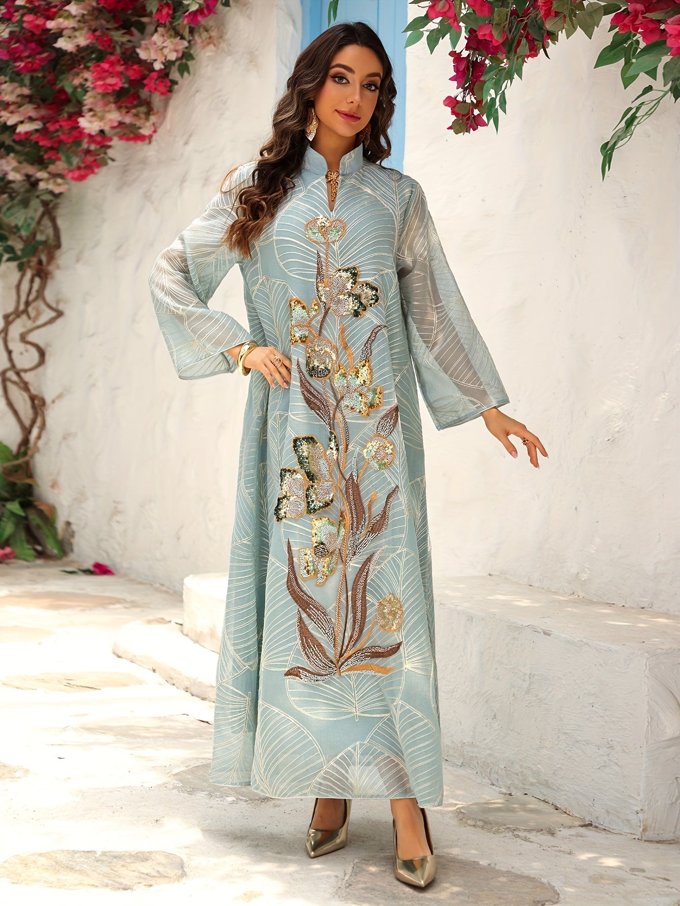 Elegant Women'S Sequin Mesh Kaftan Dress - Long Sleeve,/MH