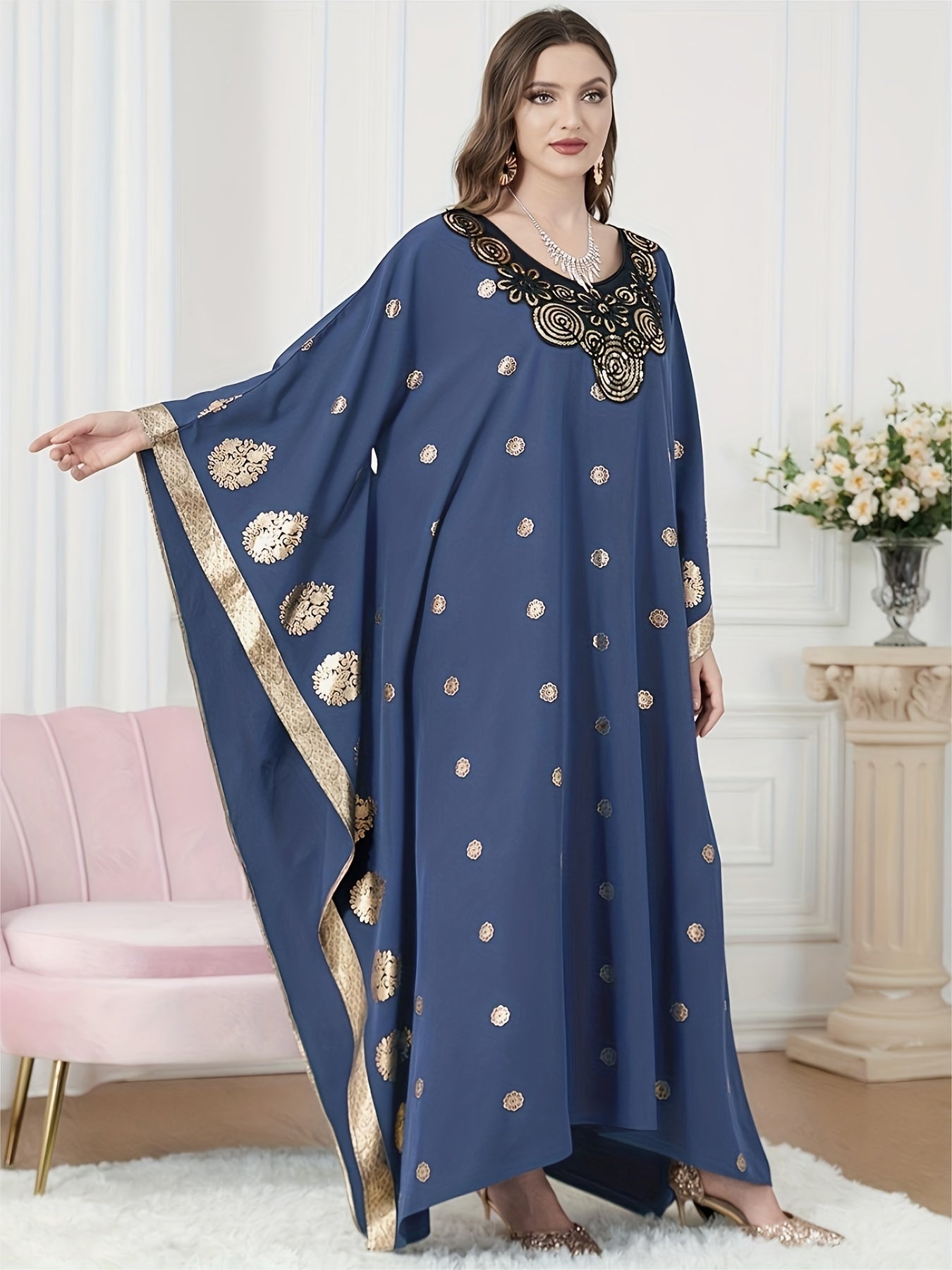 Graphic Print Batwing Sleeve Kaftan Dress, /MH