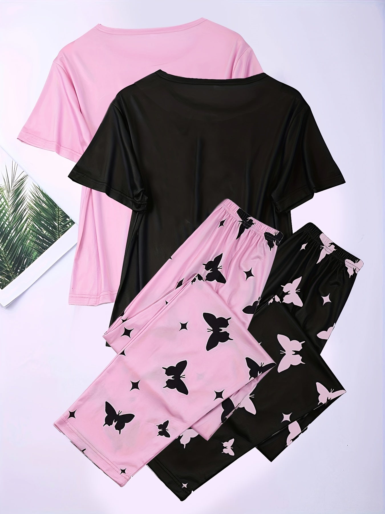 2 Sets Heart Print Pajamas Set, Short Sleeve Crew Neck Top & Butterfly Print Pants, Women's Sleepwear & Loungewear