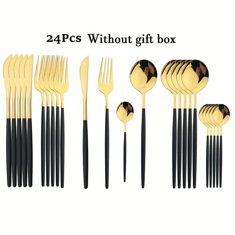 24-Piece Luxury Black Handle Golden Cutlery Set - High-Quality Stainless Steel Knife, Fork, and Spoon Tableware Flatware Set for Festival, Kitchen, and Dinnerware - Ideal Gift for Friends and Family