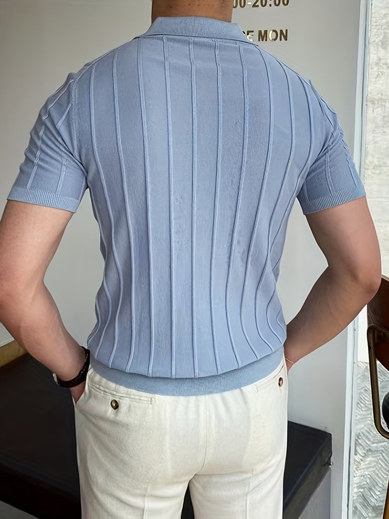 Vertical Striped Chic Shirt, Men's Casual Solid Color High Stretch .