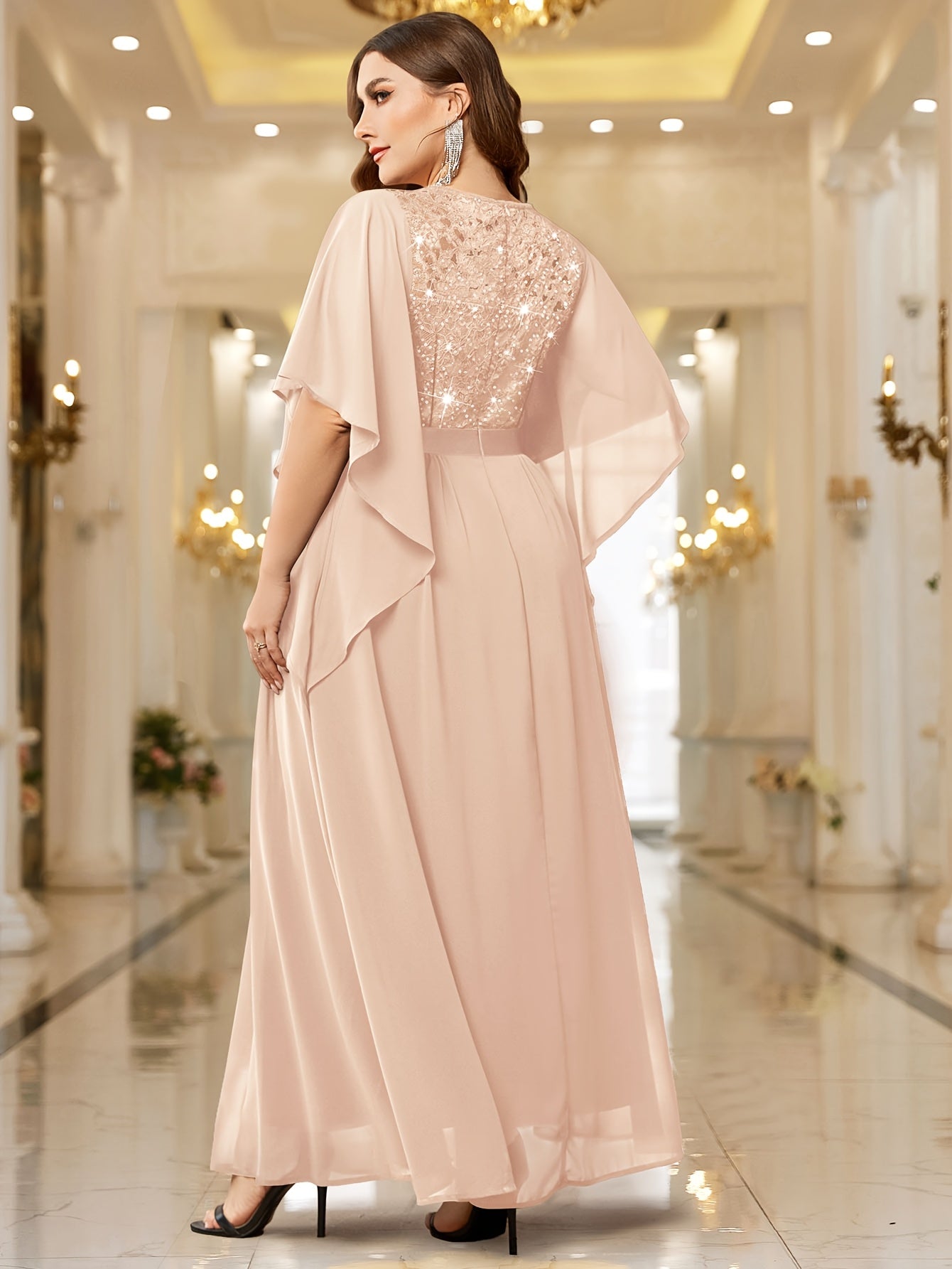 Elegant Plus Size Women's Butterfly Sleeve Sequin Lace Evening Dress .MH