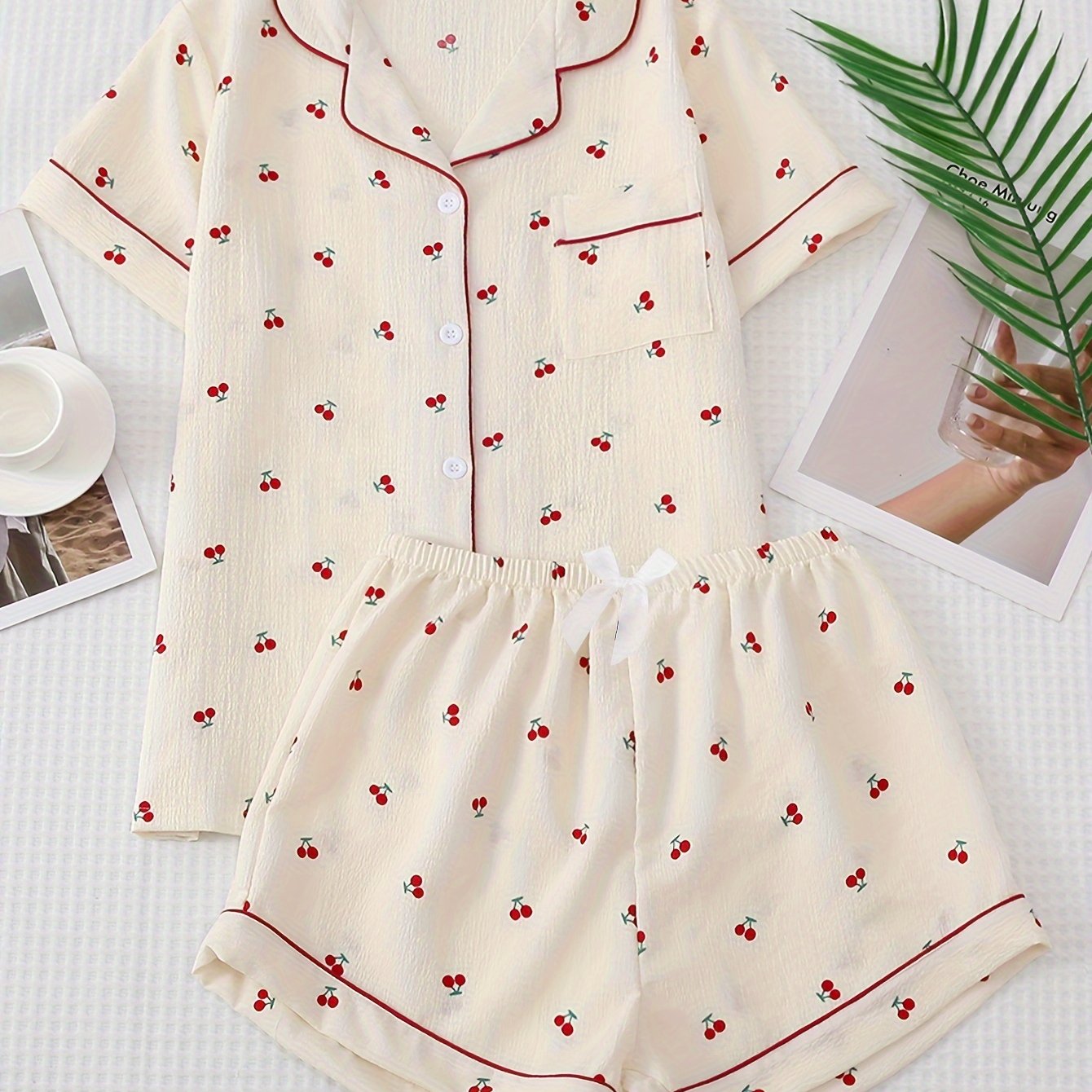 Cherry Print Pajama Set, Sweet & Cute Lapel Buttons Top And Bow Shorts, Women's Sleepwear & Loungewear