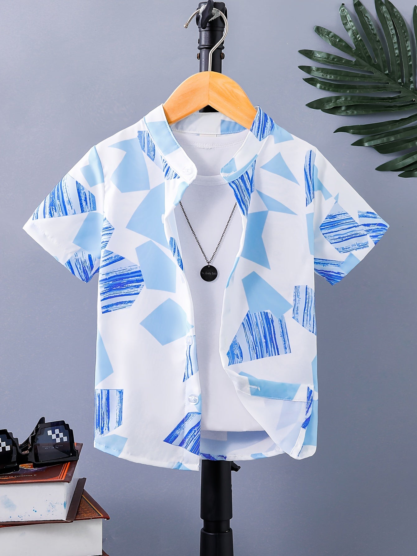 Boy's Creative Geo Color Block Stand Collar Button Down Shirt,