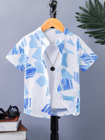 Boy's Creative Geo Color Block Stand Collar Button Down Shirt,