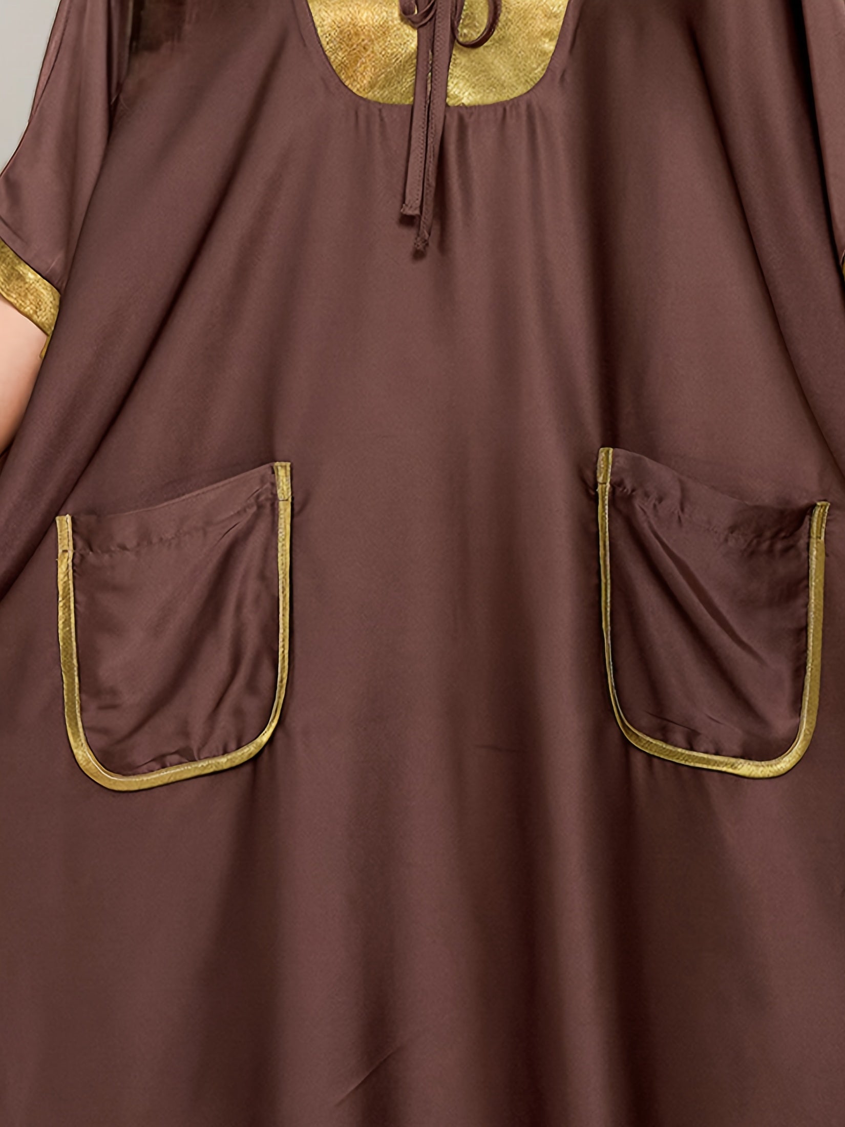 EDOLYNSA Vintage Brown & Golden Contrast Satin V-Neck./MH