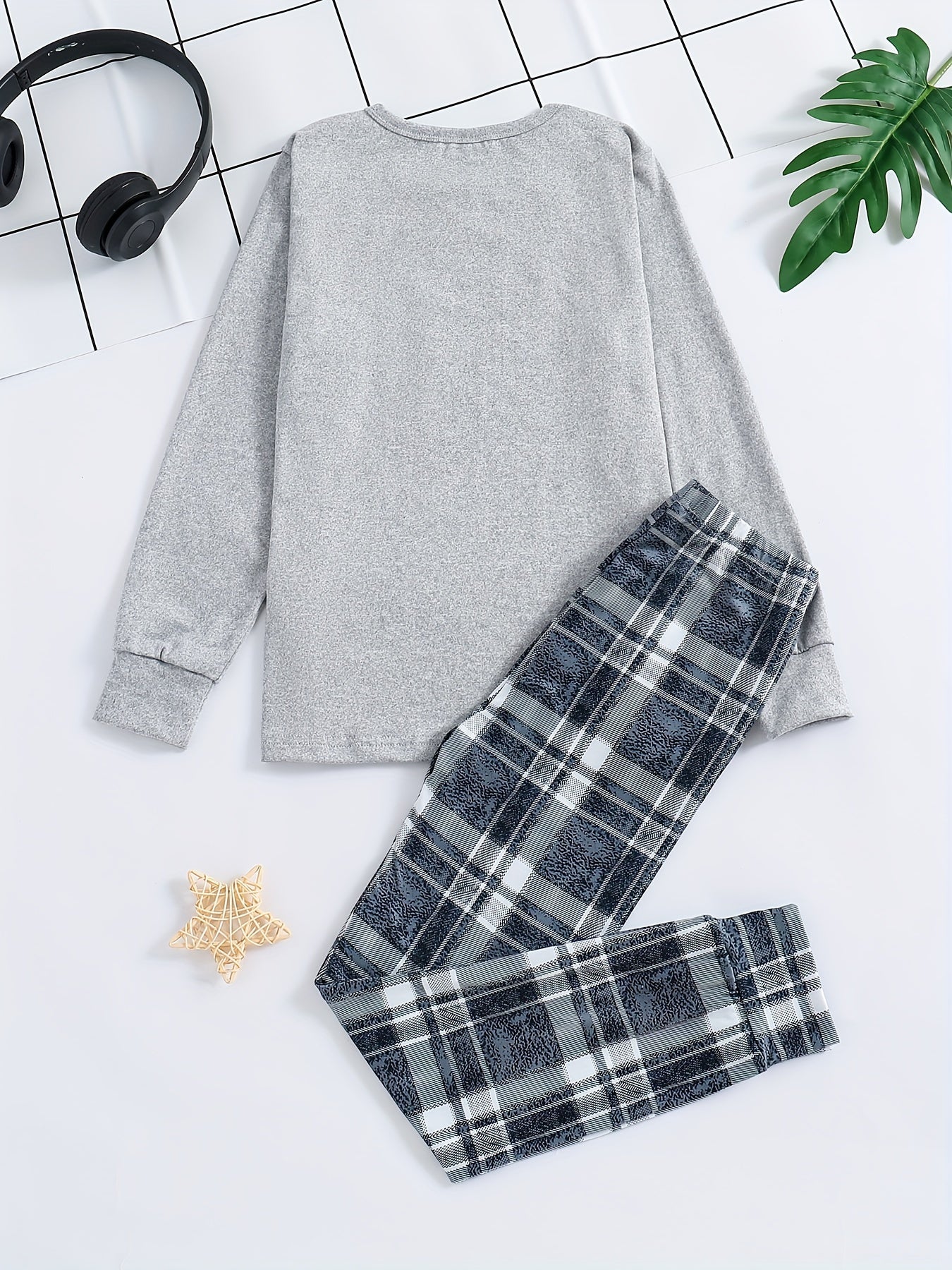 2pcs Plaid Pattern Pajamas For Kids, Pocket Front Long Sleeve Top & Pants Set,