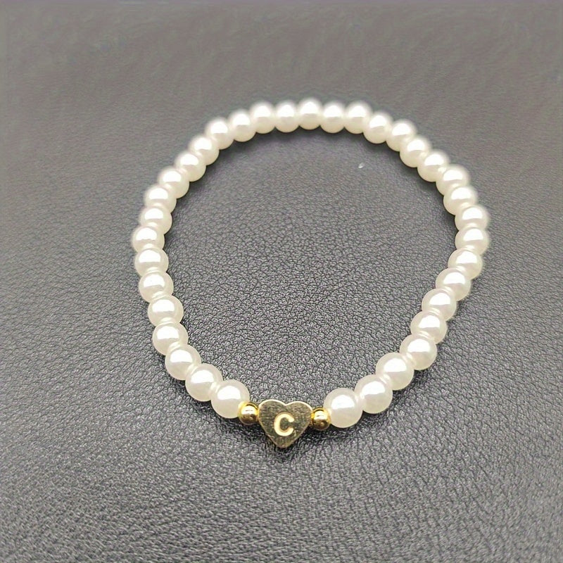 1pc Classic Initial A-Z Lettering Heart Faux Pearl Beaded Bracelet, Elegant Party Jewelry Birthday Gift For Teen Girls