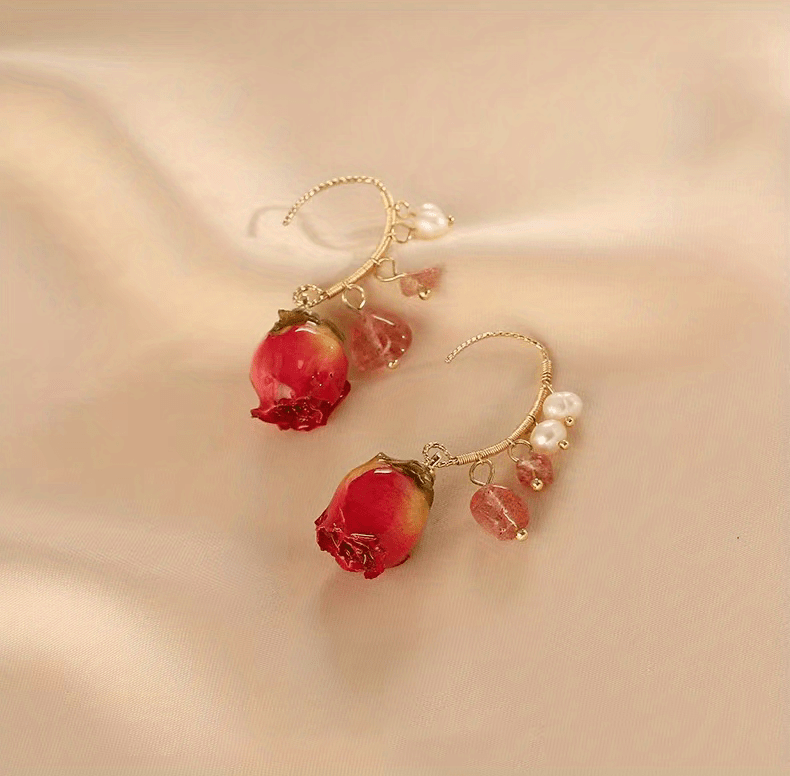 Delicate Eternal Rose Flower Earrings - Copper Jewelry with Faux Pearl Decor, Pastoral Elegant Style, Exquisite Gift for Women, Hypoallergenic, Nickel-Free, Durable, and Long-Lasting