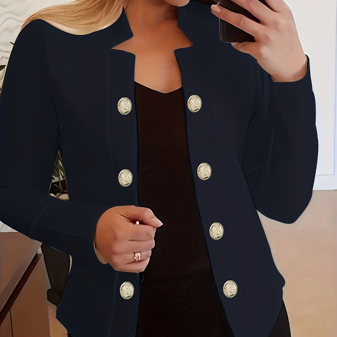 Button Decor Open Front Blazer, Casual Long Sleeve.