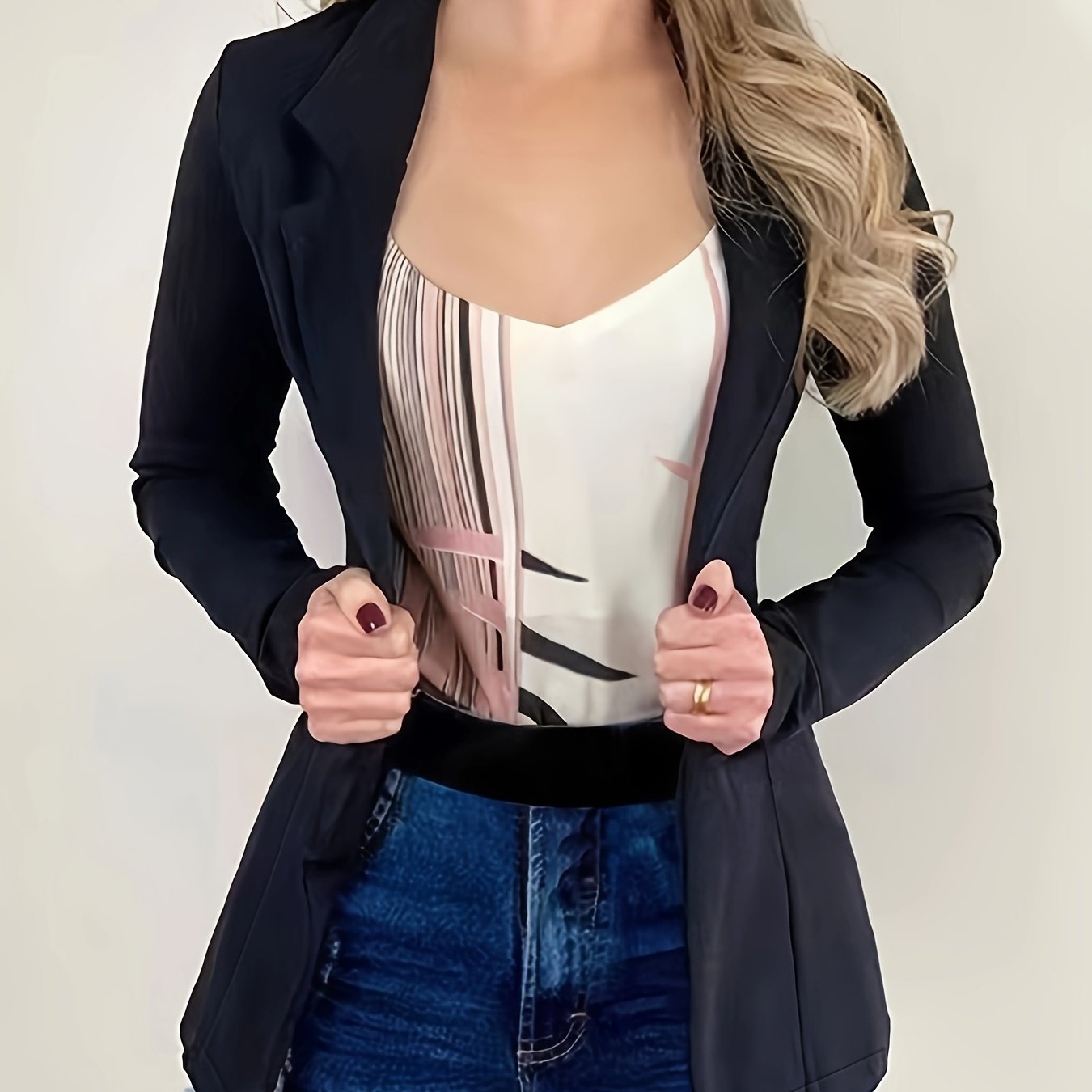 Solid Lapel Button Long Sleeve Blazer Jacket, Casual Loose .