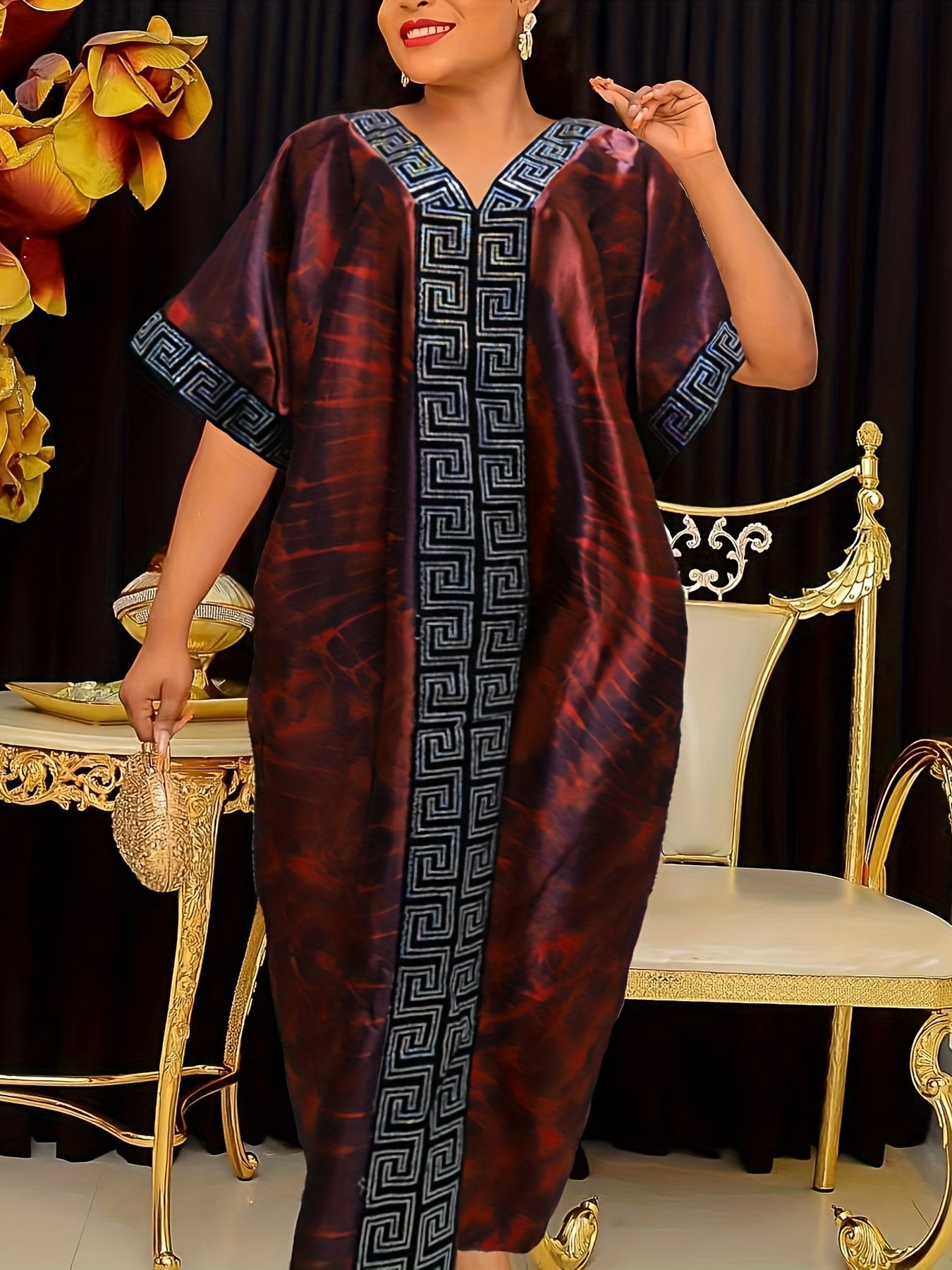 Abstract Print Greek Pattern Kaftan Dress, Elegant Half Sleeve'/MH