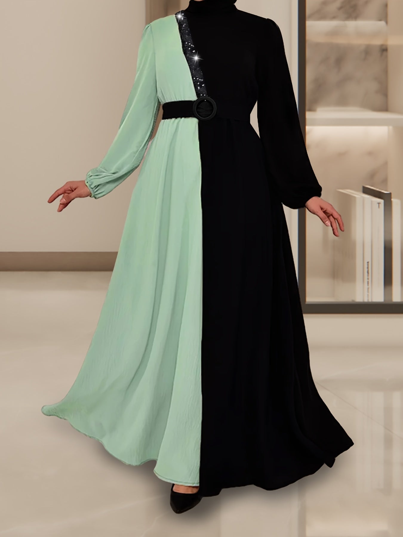 Color Block Long Sleeve Kaftan Dress, /MH