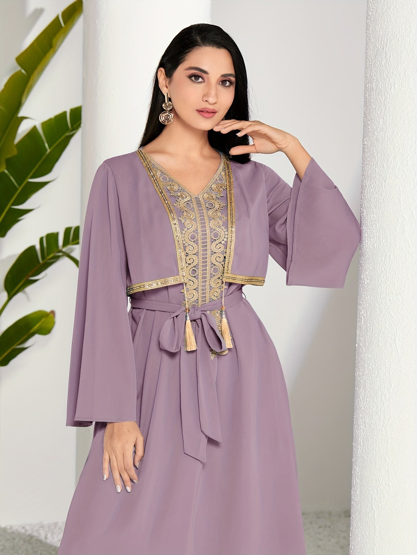 2 In 1 Lace Trim V-neck Kaftan Dress, /MH