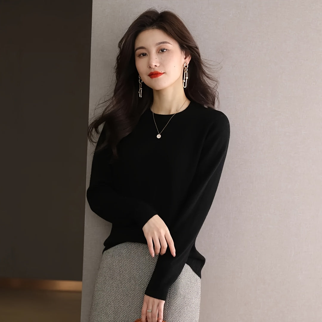 1pc Women'S 100% Wool Crew Neck Long Sleeve Knit Sweater,