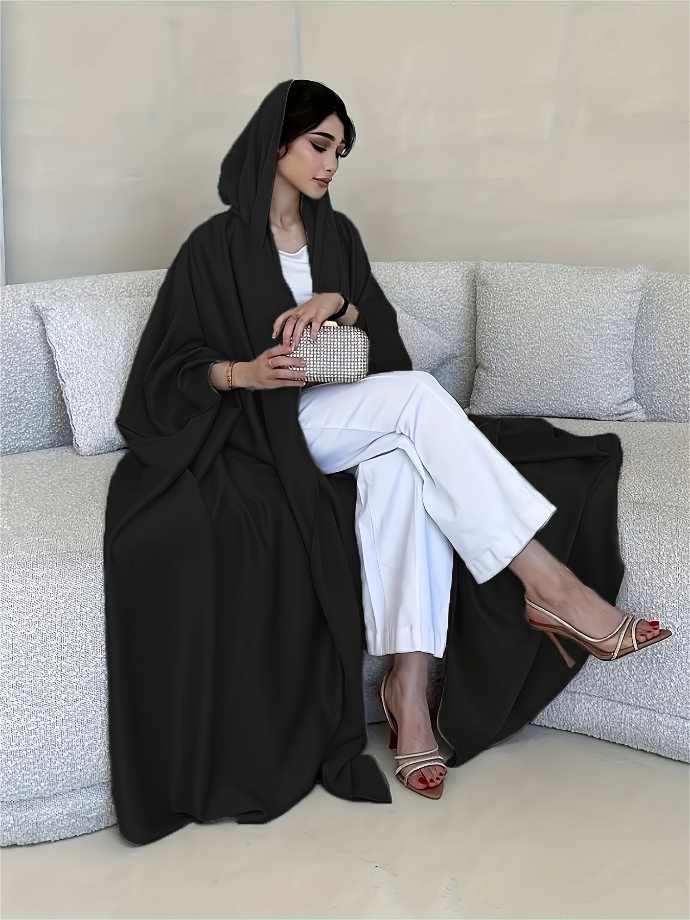 Open Front Hoodie Kaftan Dress, Elegant Long Batwing Sleeve Non-Stretch '/MH