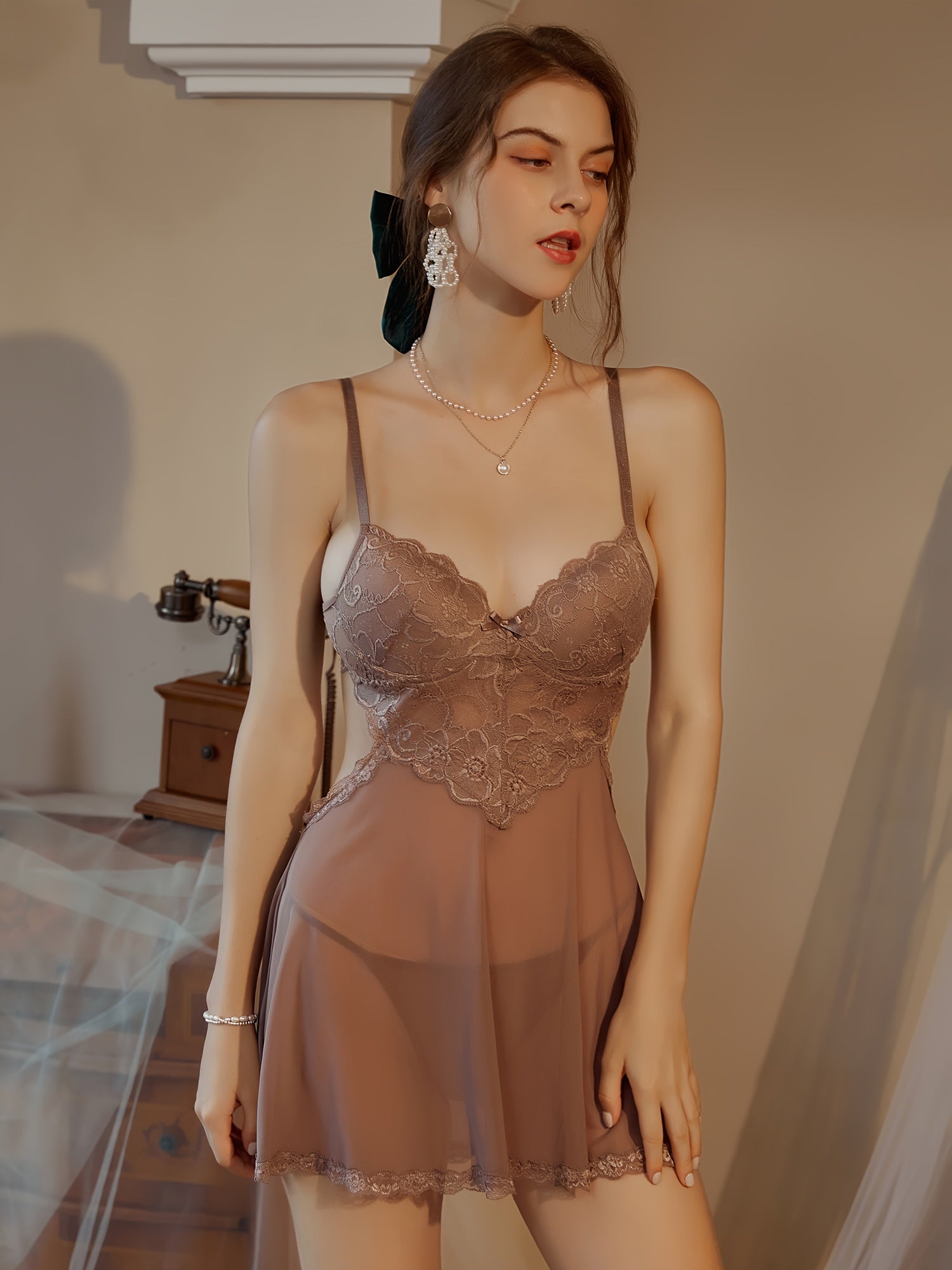 Hot Contrast Lace Dress, V Neck Backless Hollow Out Babydoll, /MH