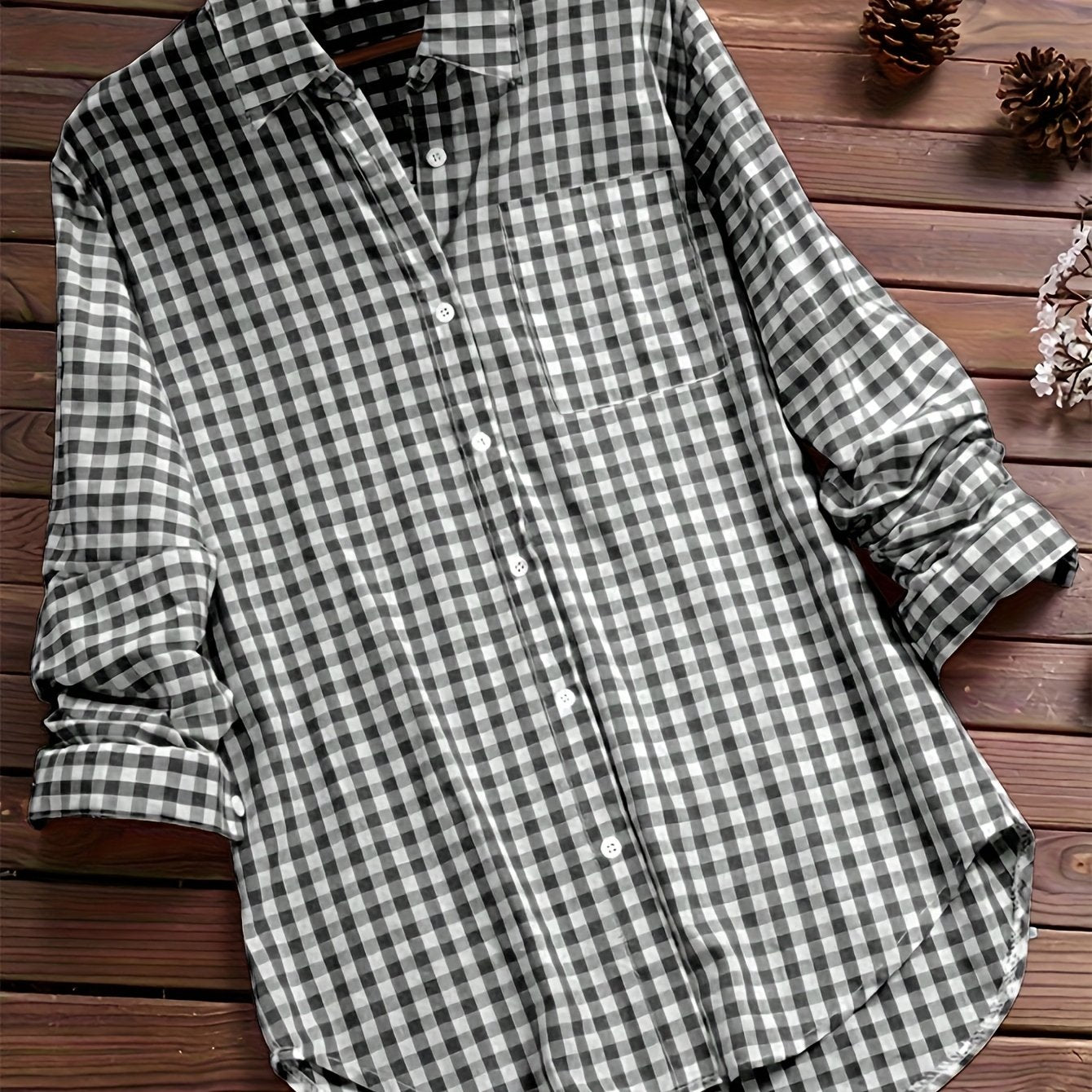 Women'S Casual Long Sleeve Gingham Check Shirt - Light Blue & White,