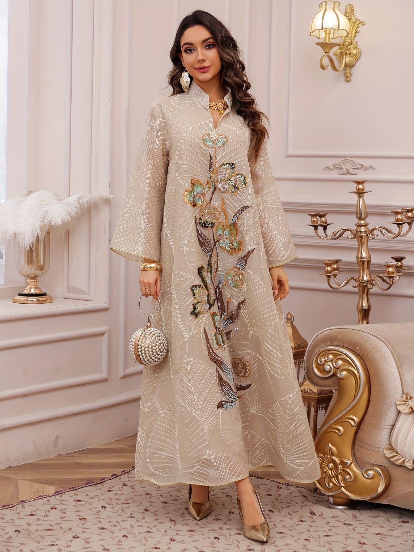 Elegant Women'S Sequin Mesh Kaftan Dress - Long Sleeve,/MH