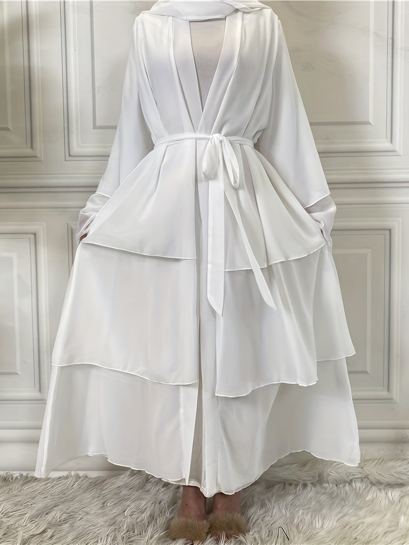 Layered Open Front Modest Dress, Long Sleeve Muslim Dress'/MH