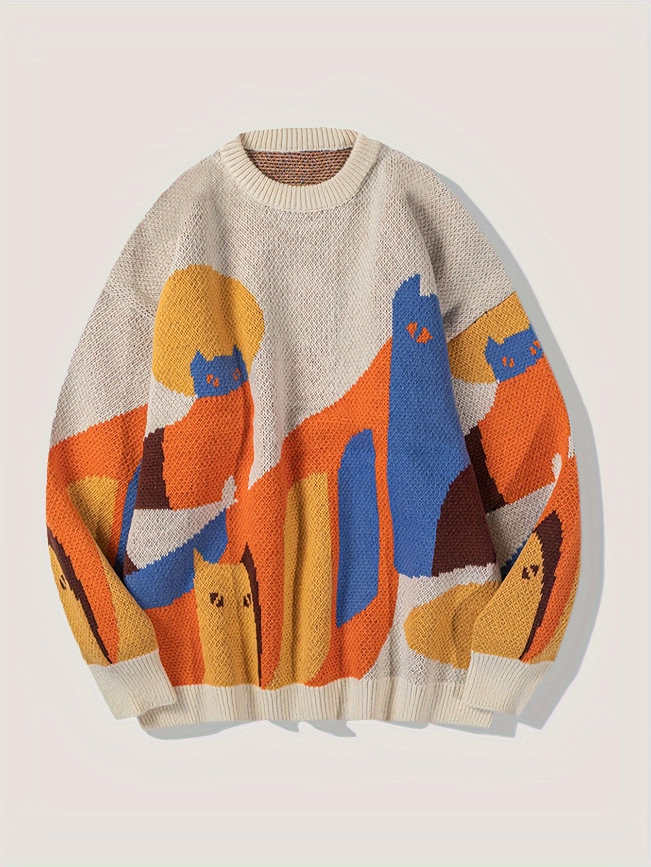 Cute Cat Pattern Knitted Sweater, Men's Casual Warm Mid Stretch .