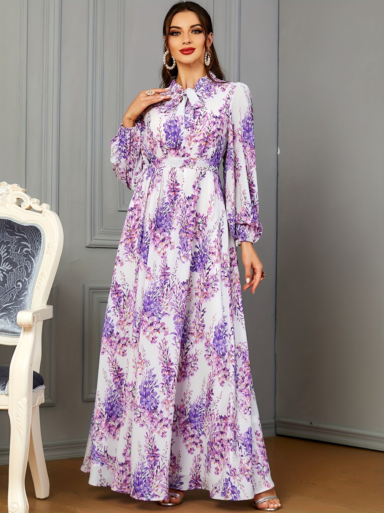 Ramadan Floral Print Tie Neck Kaftan Abayas, /MH