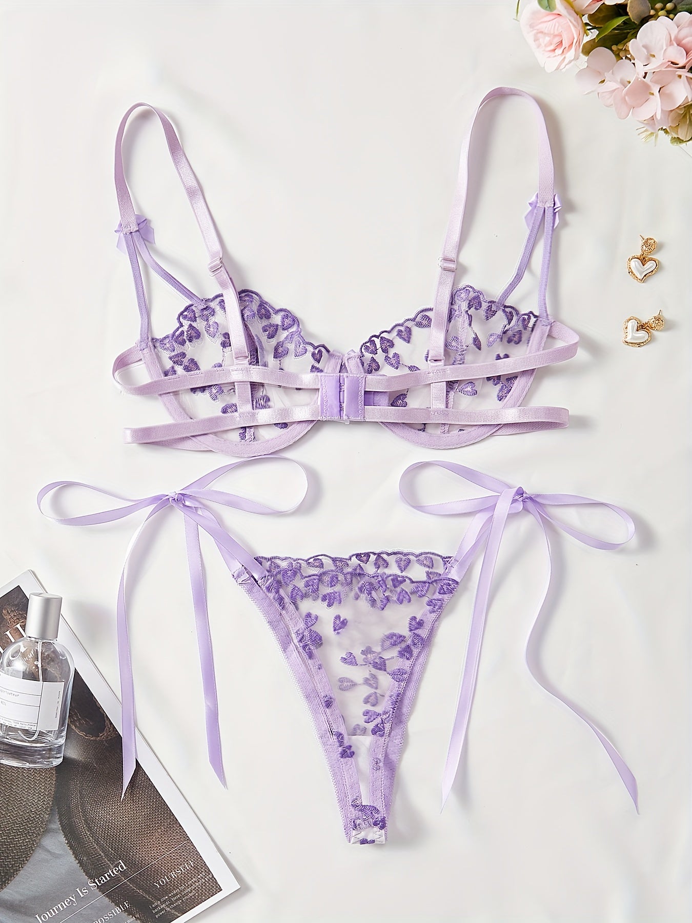 Heart Embroidery Lingerie Set, Mesh Unlined Bra & Strappy Thong,/MH