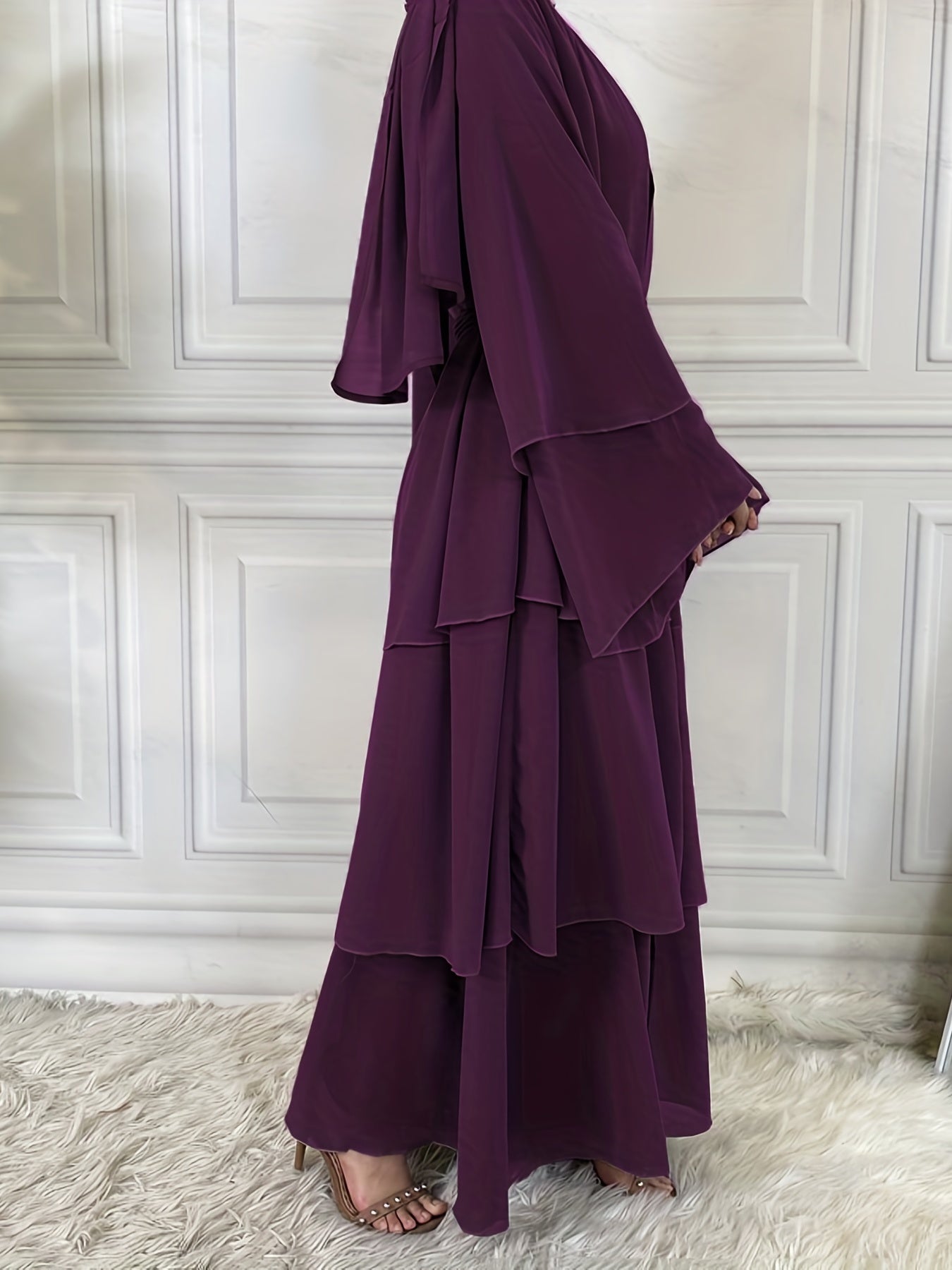 Layered Open Front Modest Dress, Long Sleeve Muslim Dress'/MH