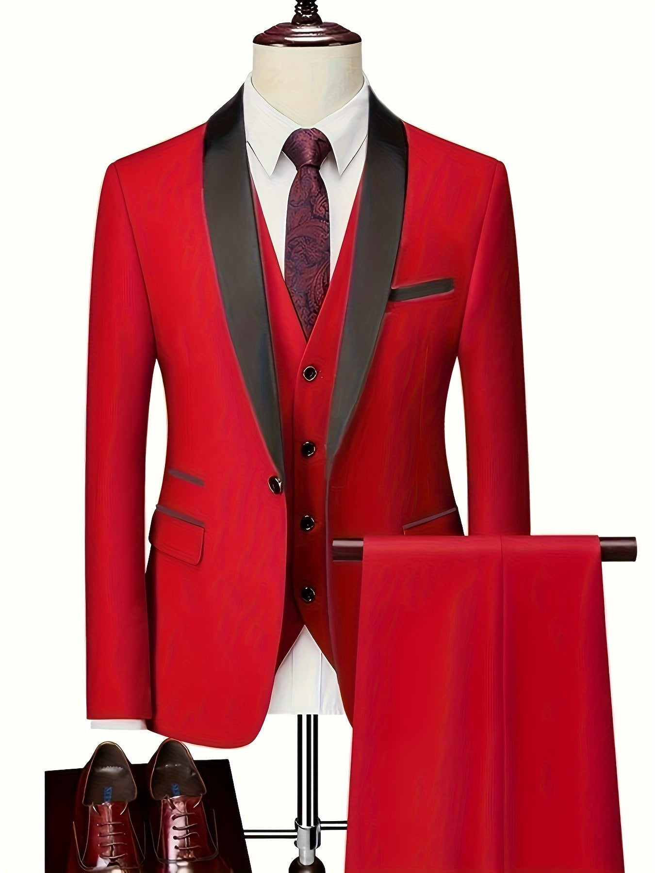 3pcs Classic Dress Suit Set For Men, Shawl Lapel Collar Buttoned Blazer,