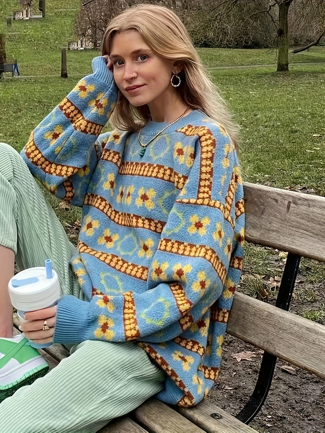 Womens Floral Charm - Soft Crew Neck Pullover Sweater .