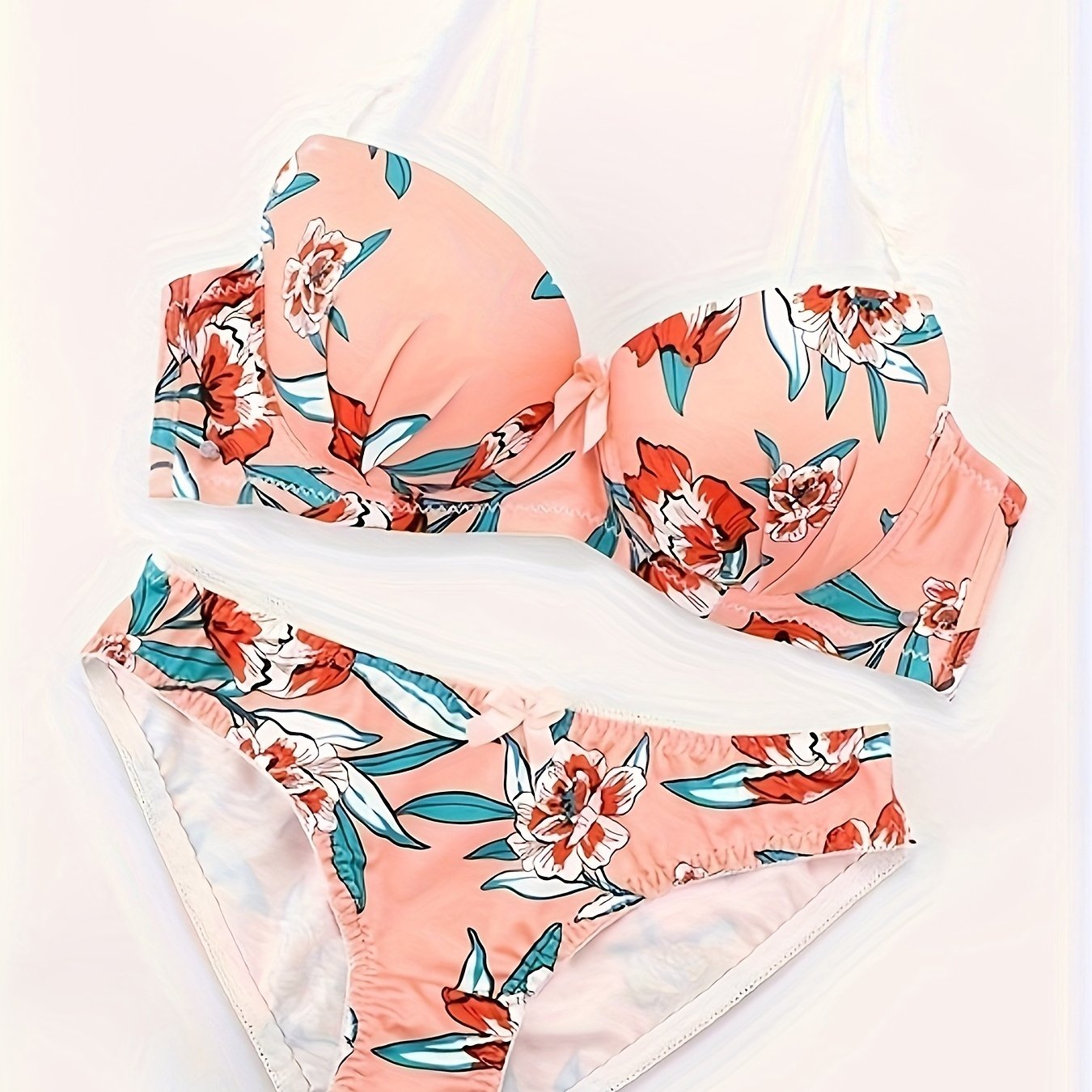 Floral Print Bra & Panty, Bow Decor Plunge Bra & Panties Lingerie Set, /MH