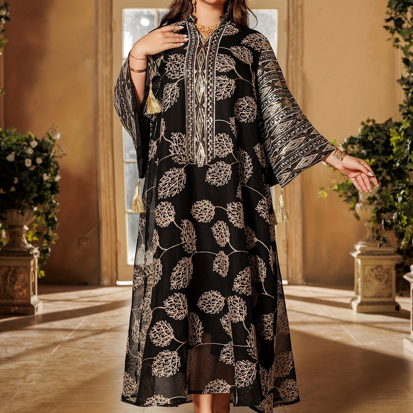 Elegant Black & Golden Decorated Kaftan for Women - ./MH