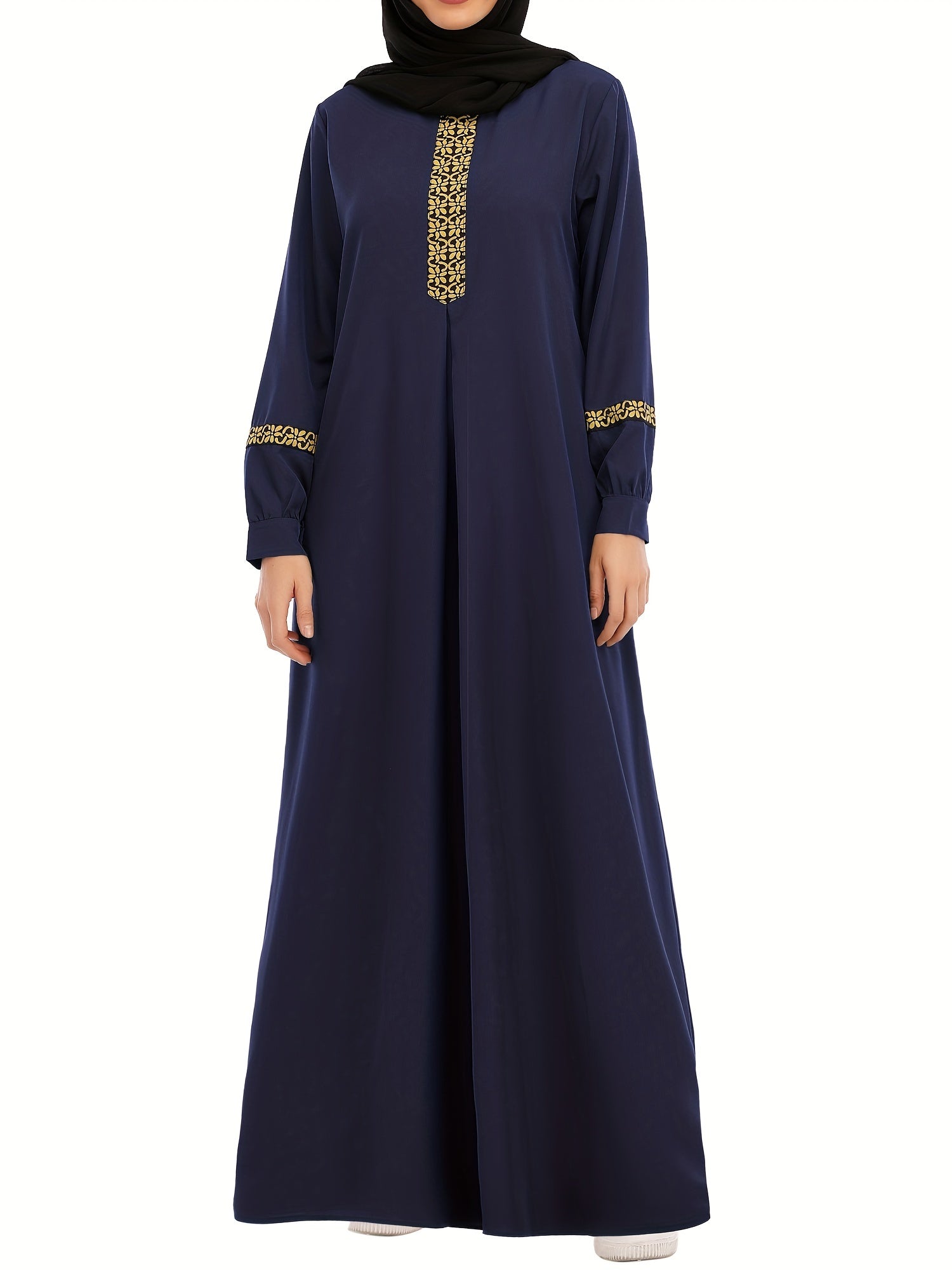 Contrast Trim Kaftan, Elegant Long Sleeve Maxi Length Dress, /MH