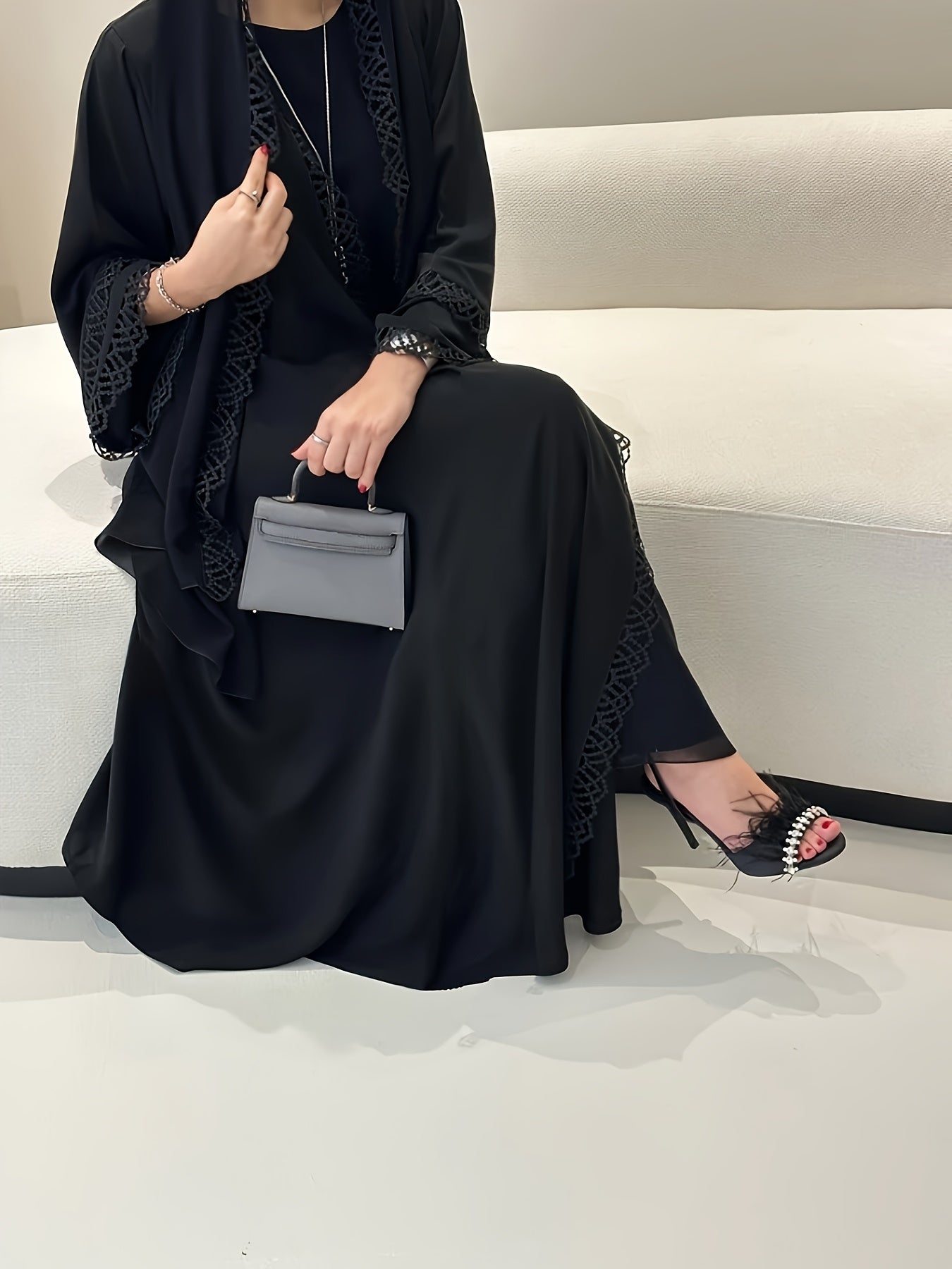 2pcs Set with Lace Trim Muslim Kaftan Plus Sleeveless Vest Skirt, / MH