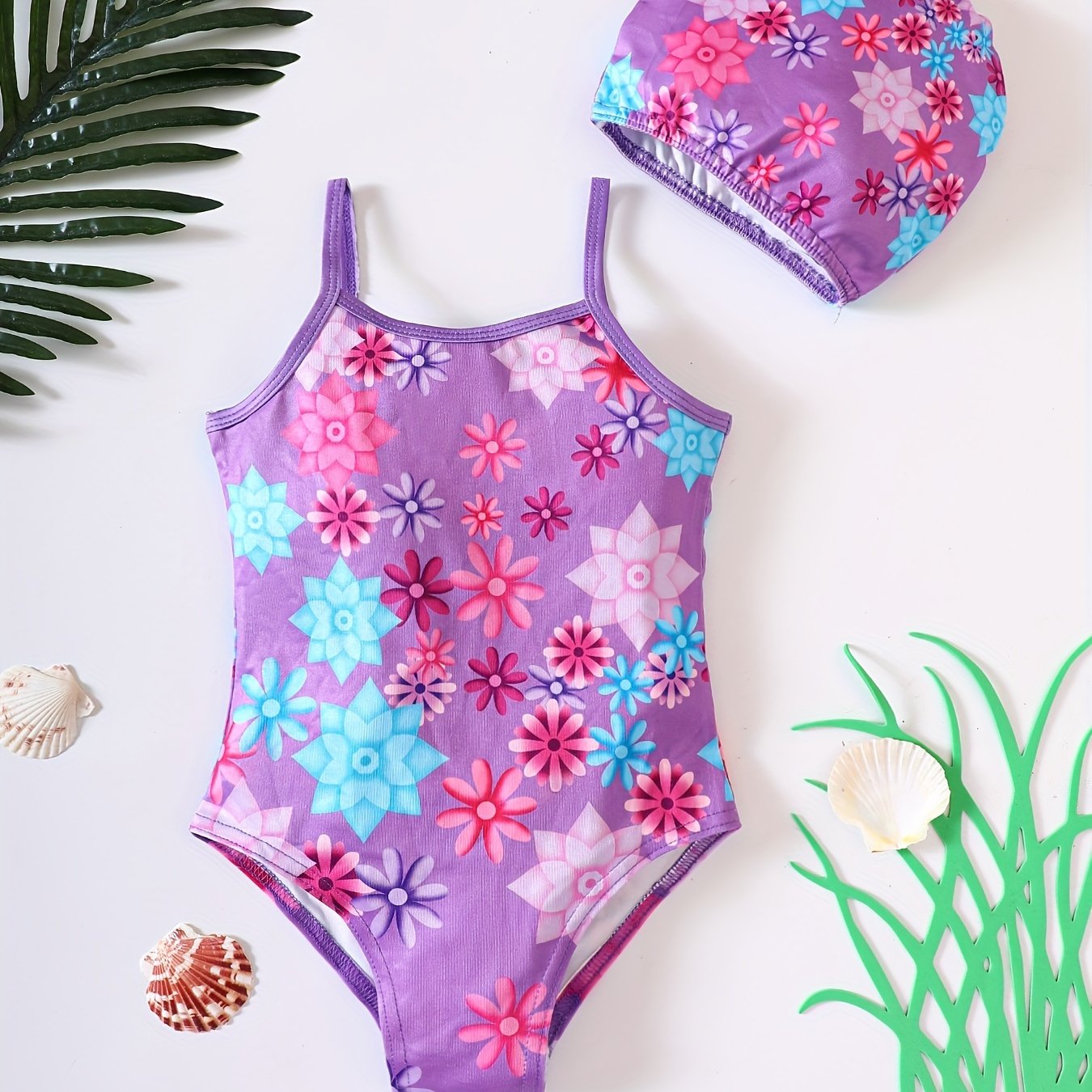 2 Pcs Girl's Onesie Swimsuit & Swimming Cap,