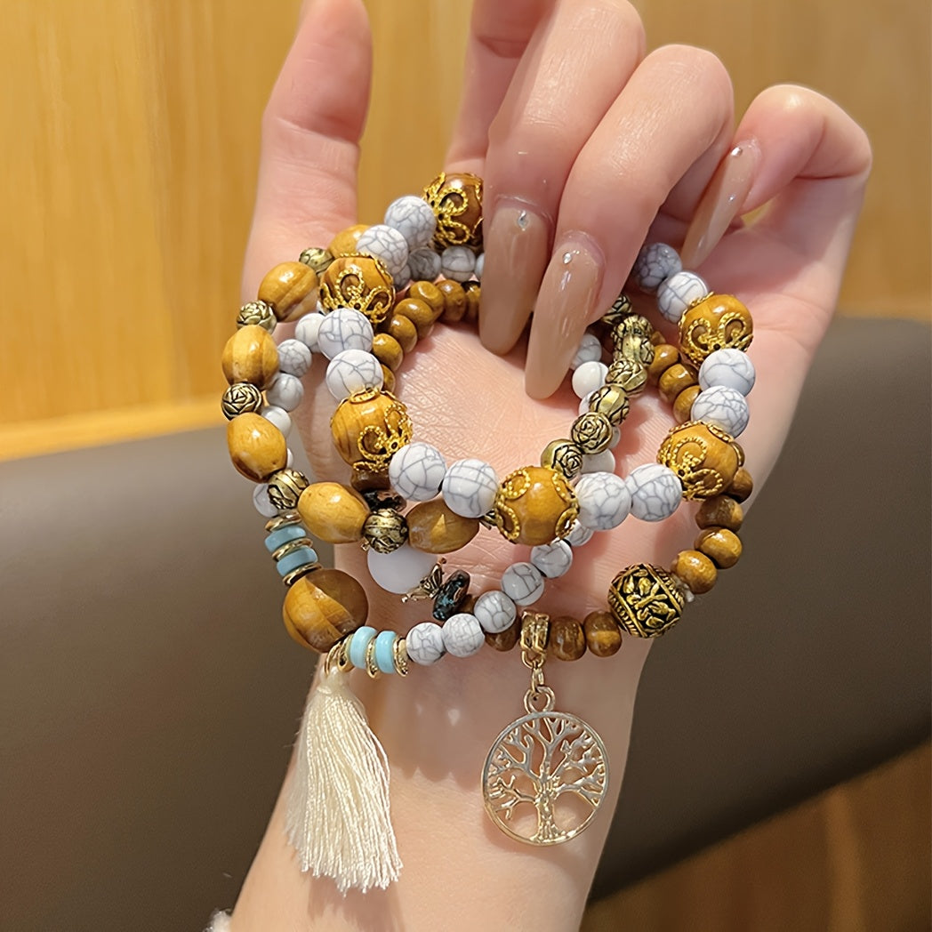 4pcs/set Tree Of Life Pendant Multilayer Beaded Bracelet Round Bead Wooden Bead Bracelet Bohemian Ethnic Jewelry Accessories Handmade -A Stylish Accessory, Father's Day Gift
