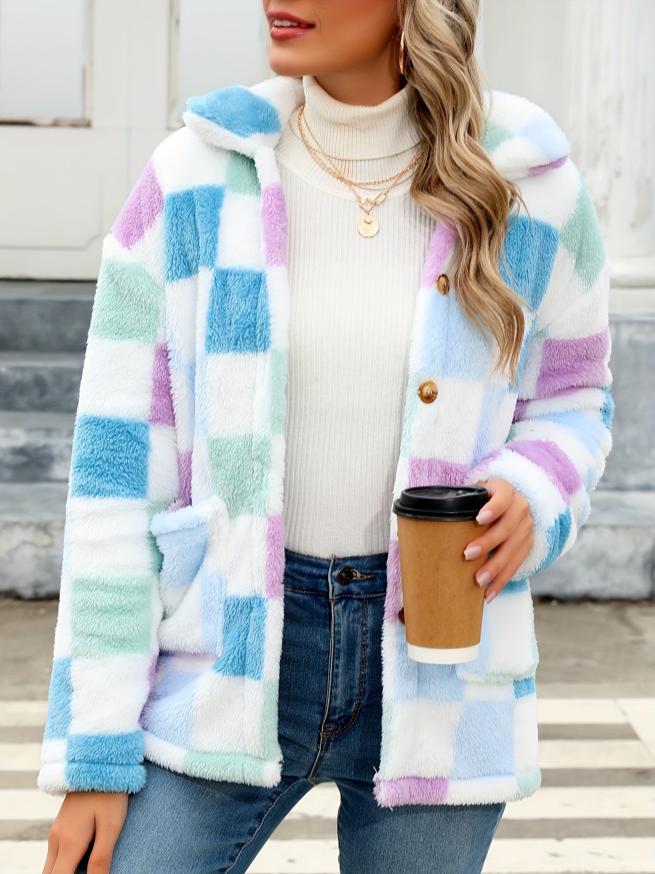 Long Sleeve Plaid Print Teddy Coat with Patched Pockets - Soft, Warm,