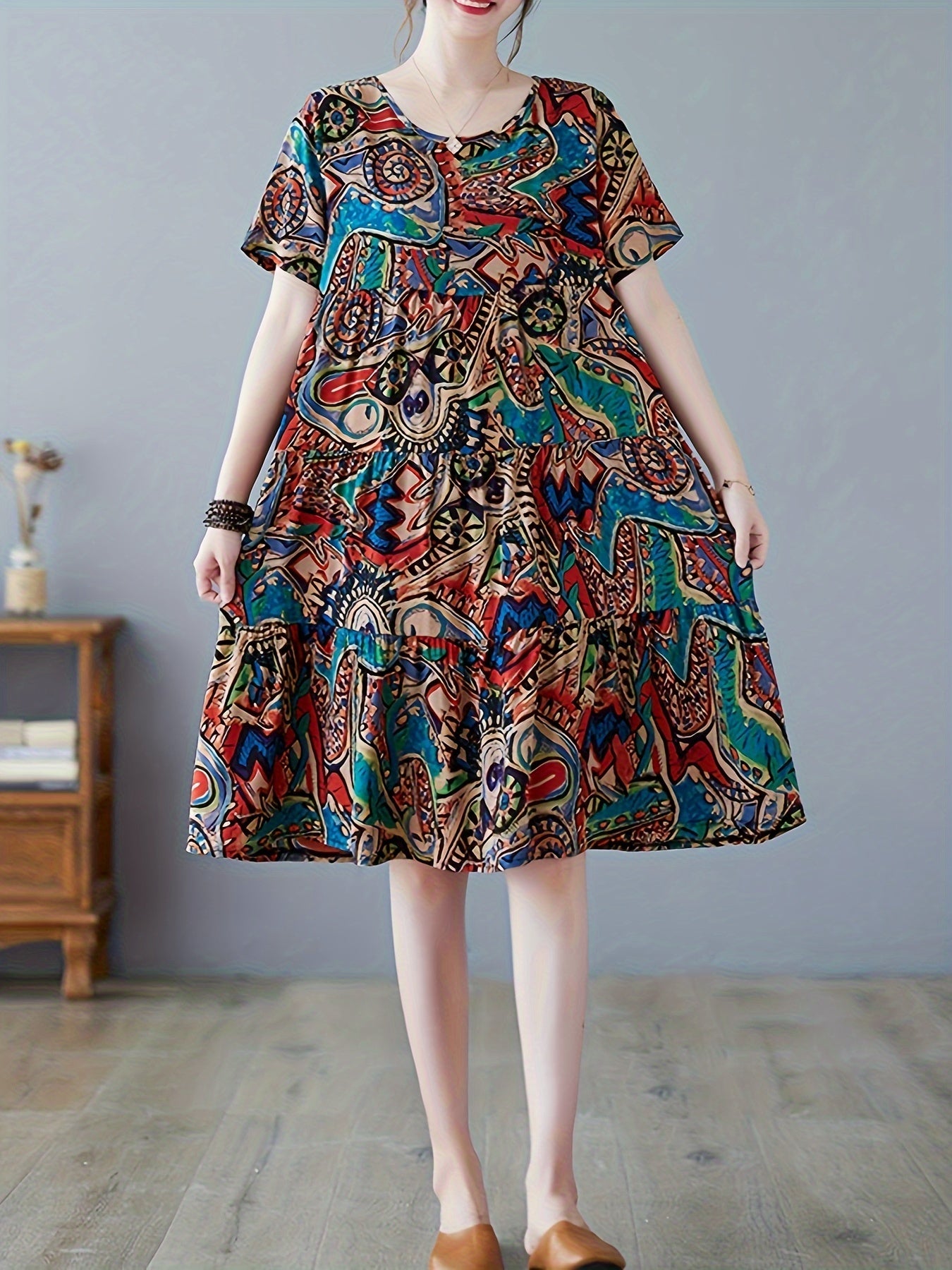 Paisley Print Crew Neck Dress, Casual Short Sleeve Loose Fit Dress./MH