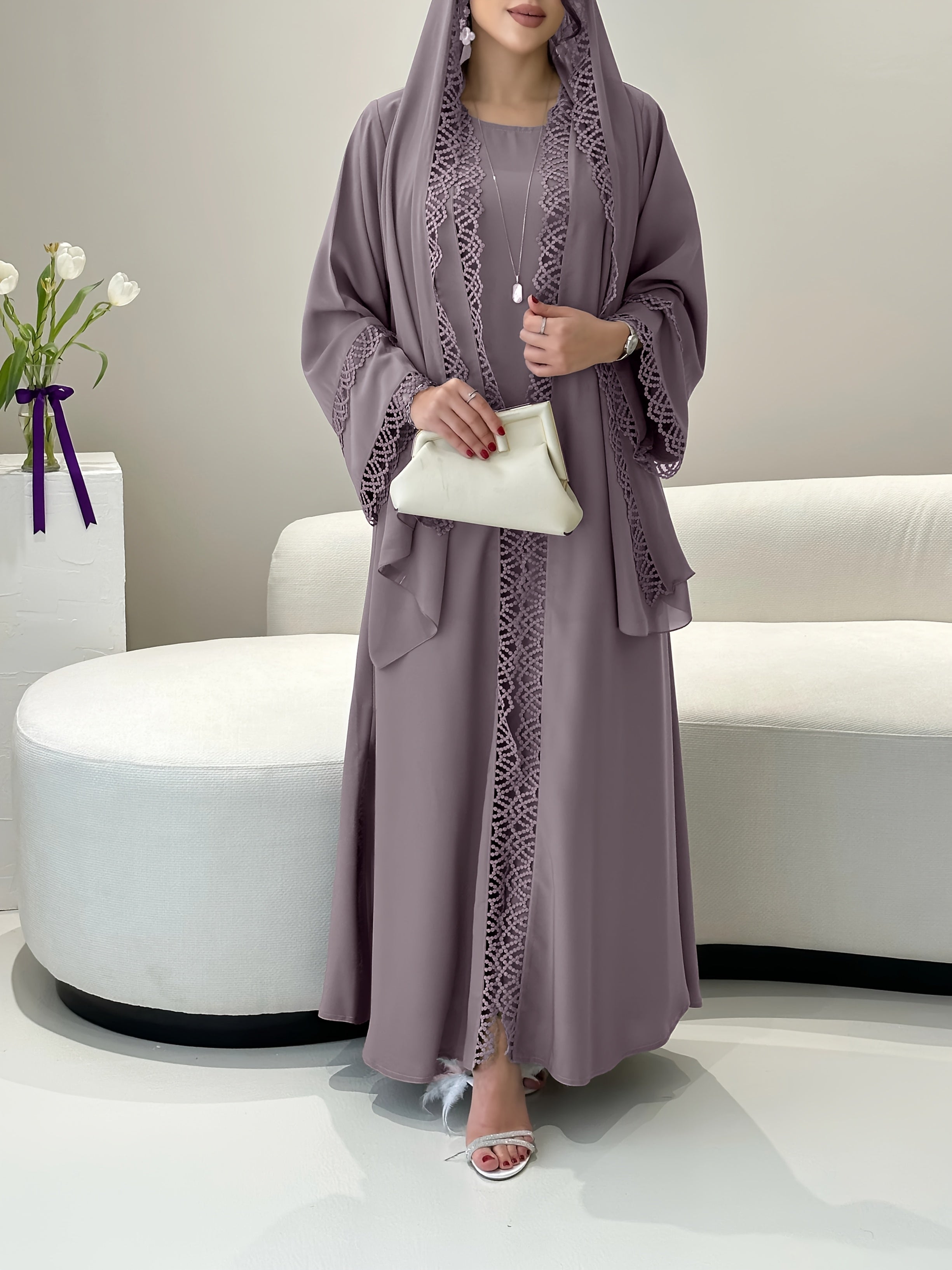 2pcs Set with Lace Trim Muslim Kaftan Plus Sleeveless Vest Skirt, / MH