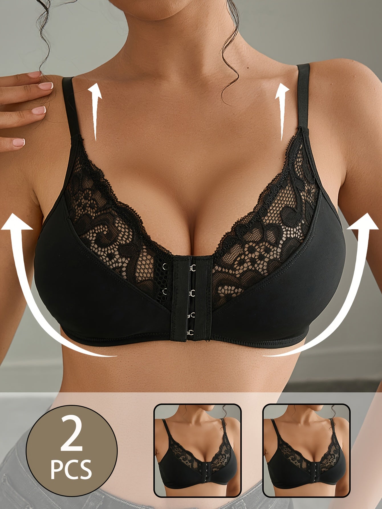 Two-Pack Sexy Contrast Lace Breathable Front-Button Bra ../MH