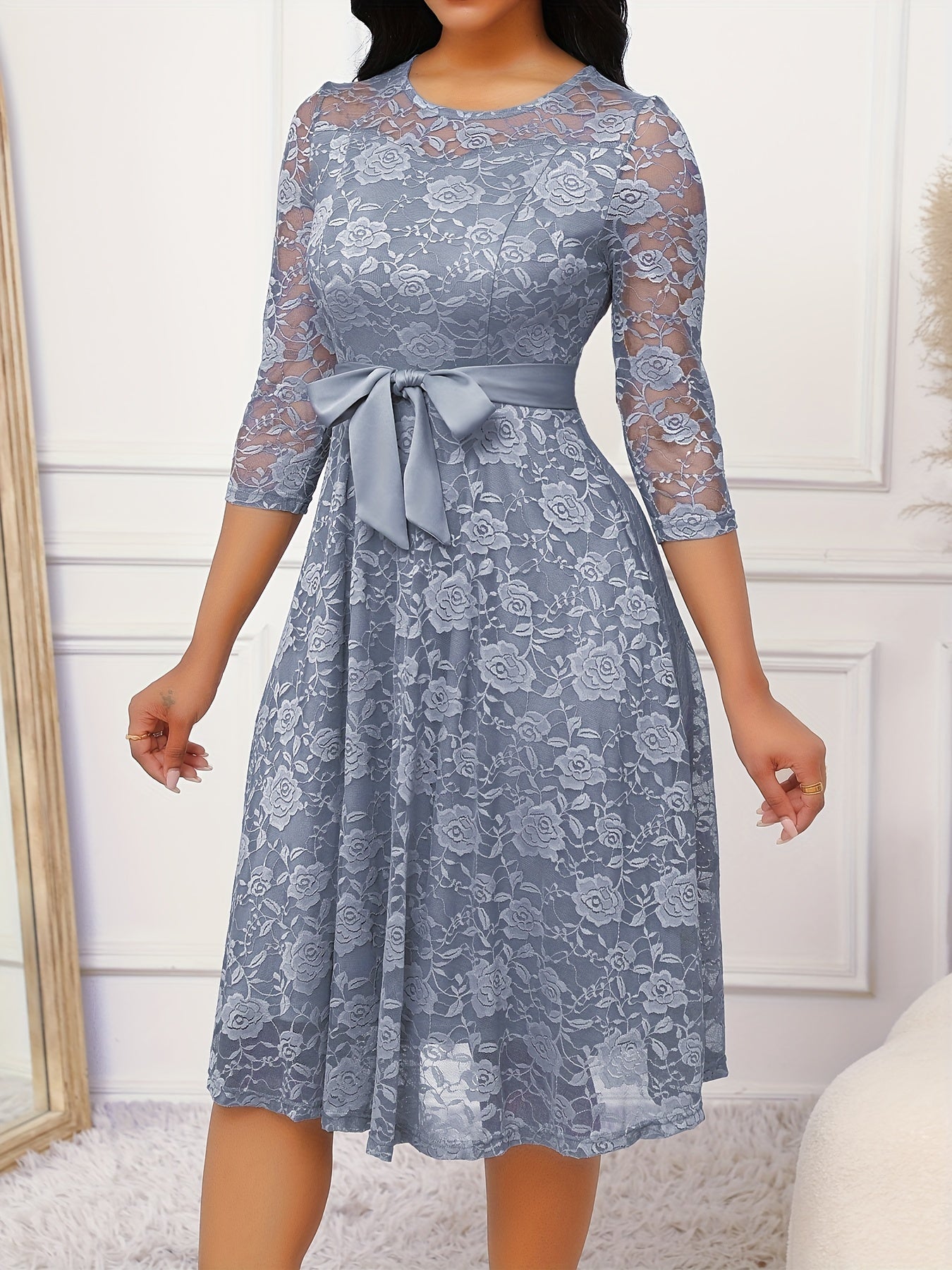 Floral Lace Ruffle Hem Belted Dress, Elegant Crew Neck 3/4 Sleeve Aline Dress ./MH