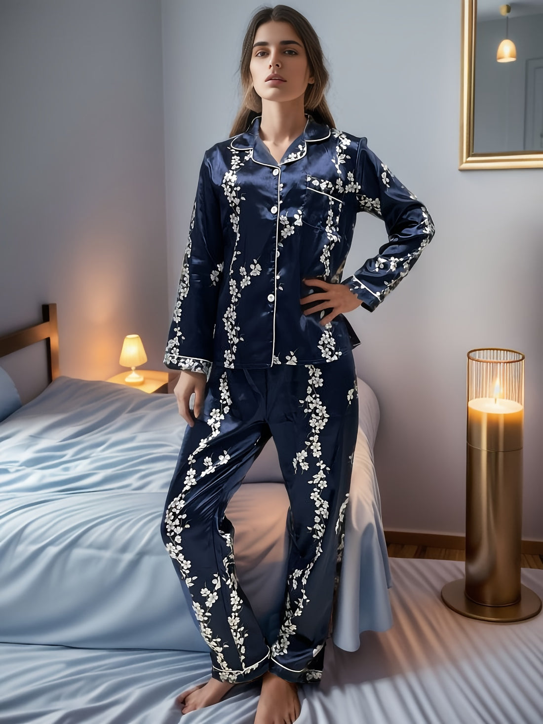 Floral Print Sleep Set, Long Sleeve Button Up Blouse .