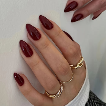24pcs Glossy Red Press On Nails Minimalist Style Fake Nails Medium Almond Wine Red False Nails Full Cover Acrylic Nails For Women Girls Daily Wear