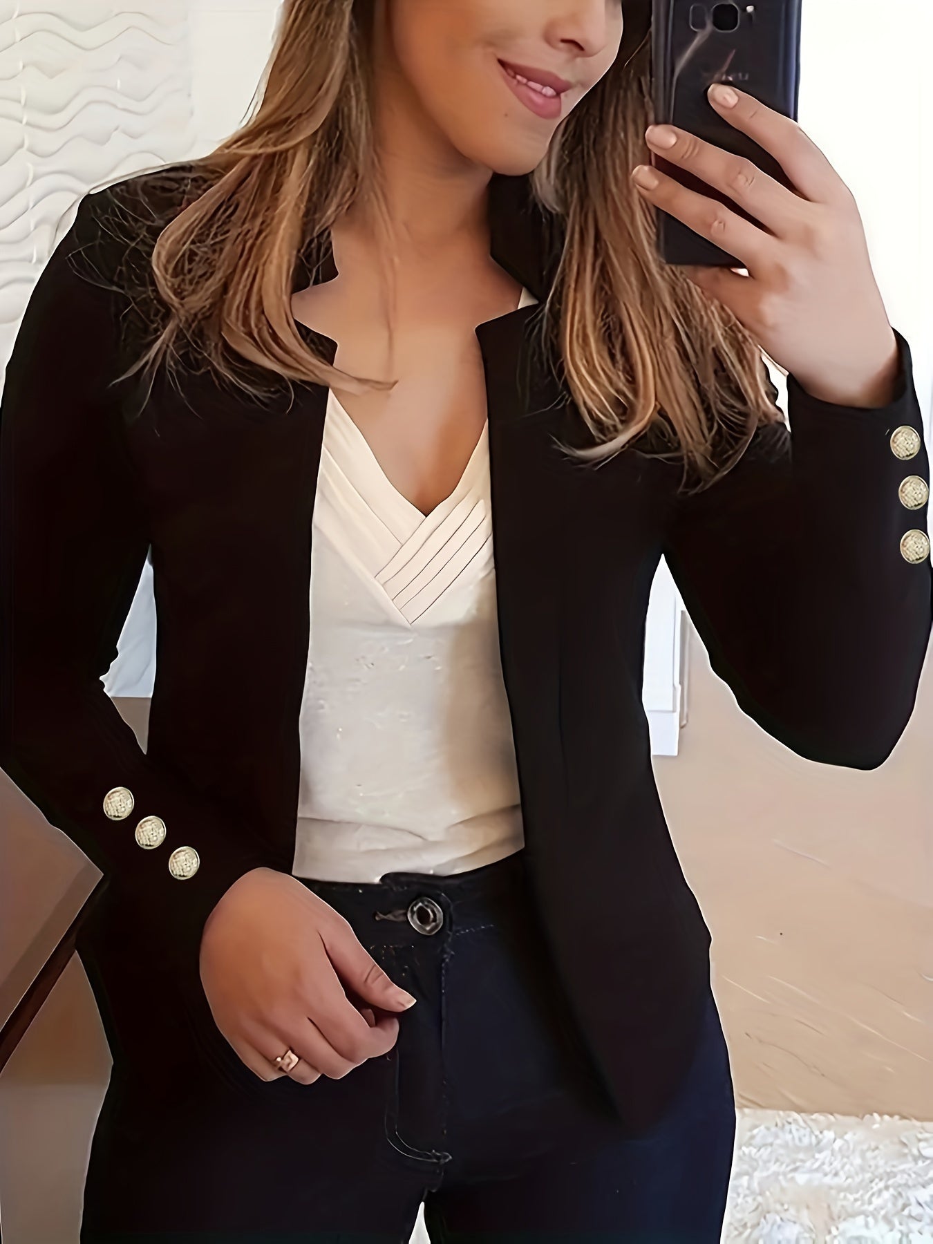 Solid Open Front Button Decor Blazer, Elegant Long Sleeve Blazer.