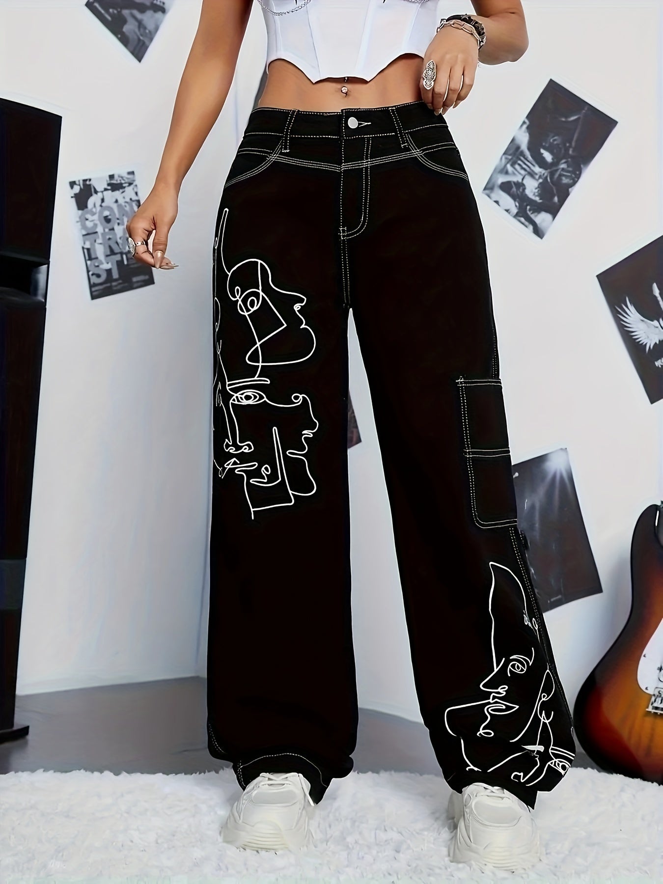 Y2K Style Abstract Cartoon Face Print Patchwork Cargo Denim Jeans,/MH