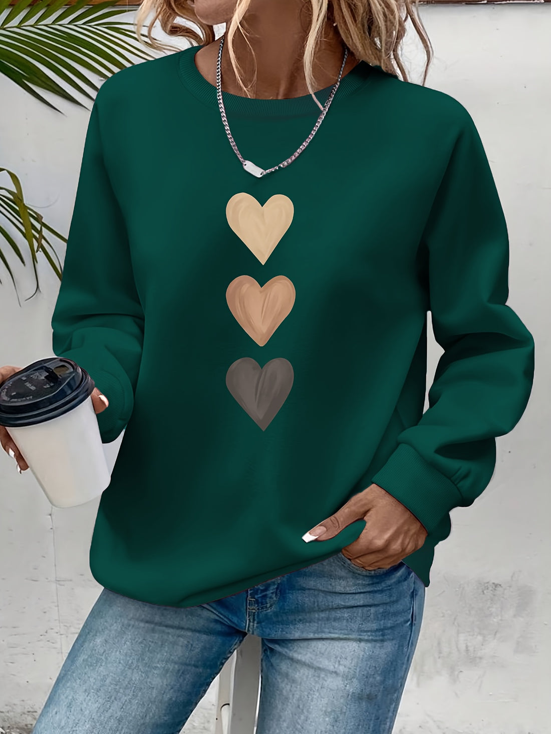 Women'S Long Sleeve Sweatshirt - Soft Pullover Sweater with Brown Heart Pattern,